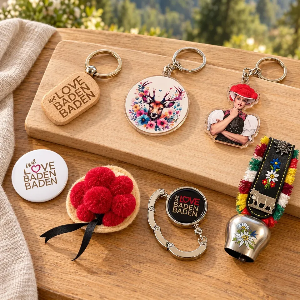 Schlüsselanhänger und kleine Baden-Baden-Mitbringsel auf einem Holztablett