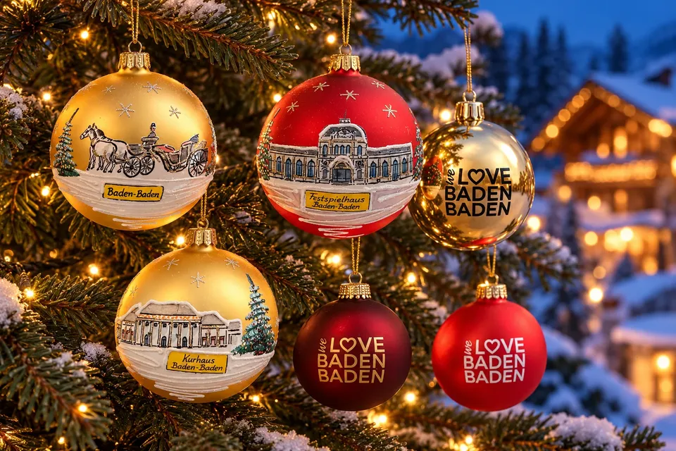 Christbaumkugeln mit Baden-Baden-Motiven vor verschneiter Abendkulisse